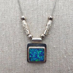 Vintage Sterling Silver 925 Blue Opal Necklace 18" L